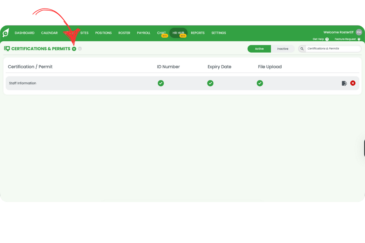 Page header CERTIFICATIONS & PERMITS with plus icon to add a new certification