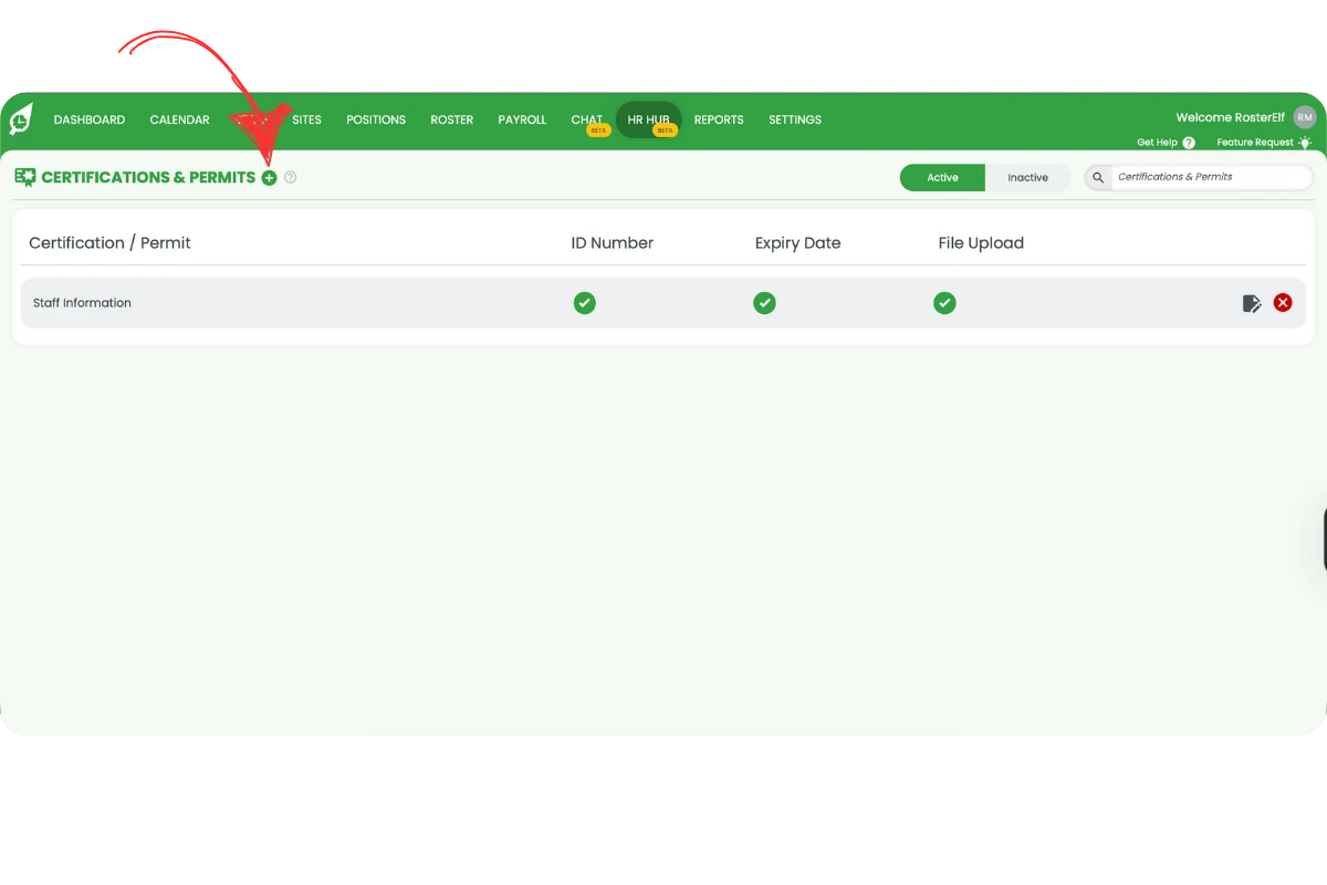 Page header CERTIFICATIONS & PERMITS with plus icon to add a new certification