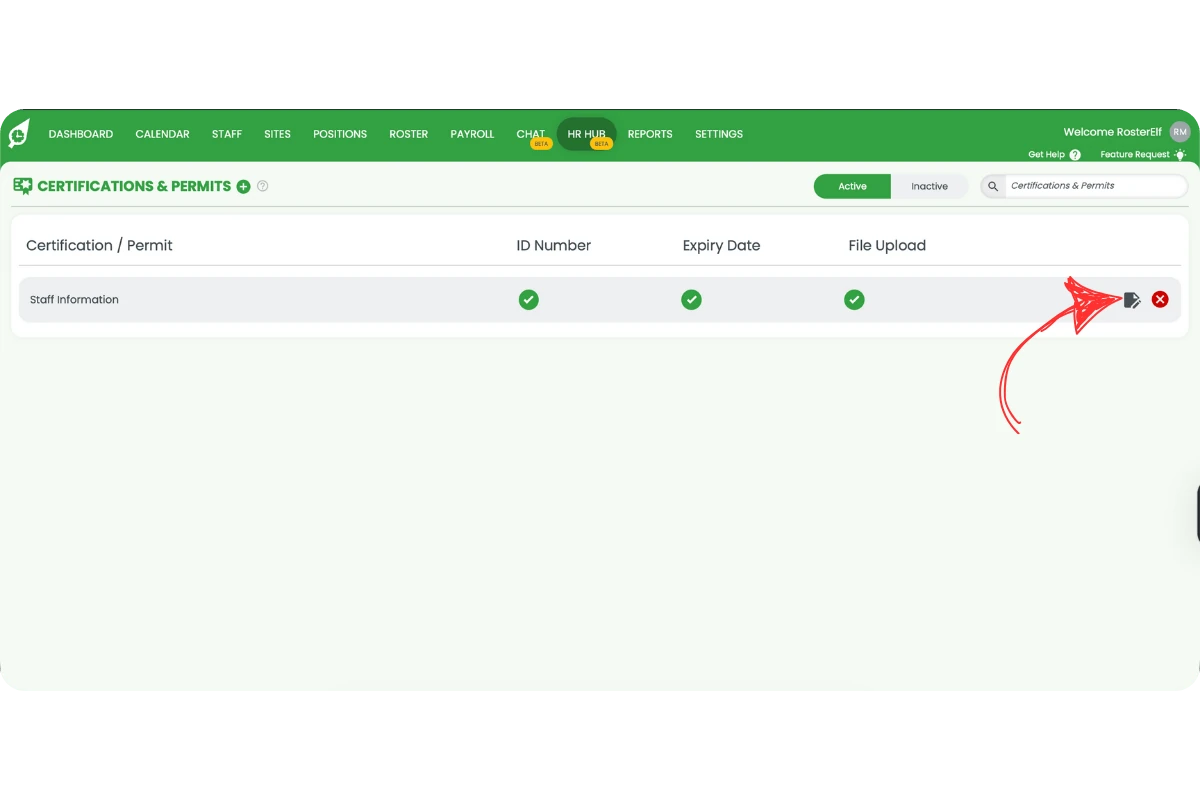 Row action with pencil icon to edit an active certification