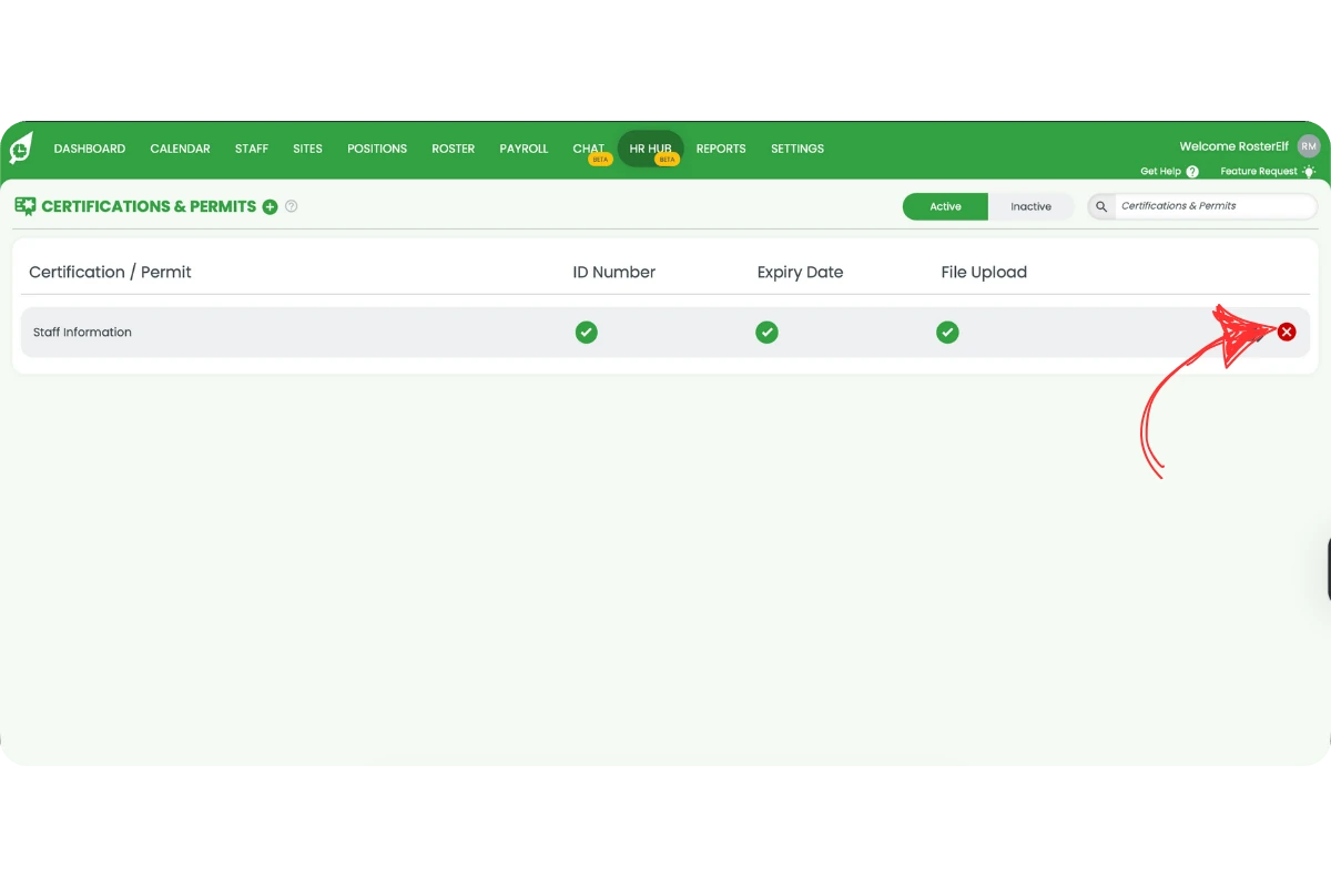 Row action with red x icon to inactivate a certification