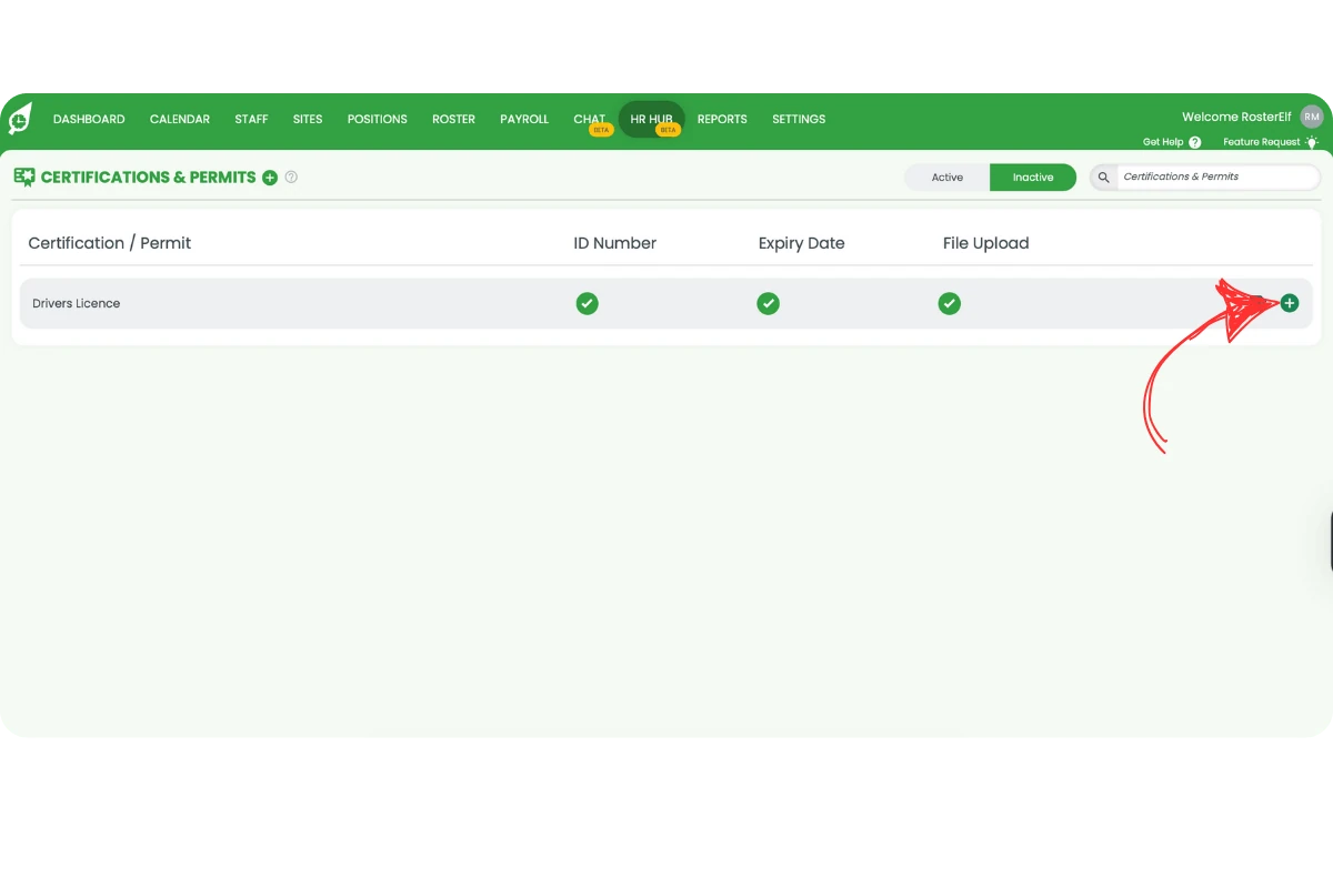 Inactive list with green plus icon to reactivate a certification
