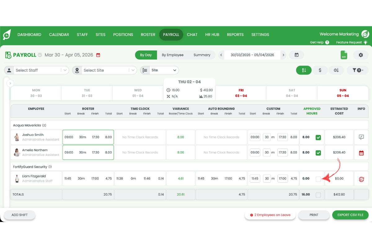 Worked hours adjusted in the payroll screen to reflect the actual hours worked