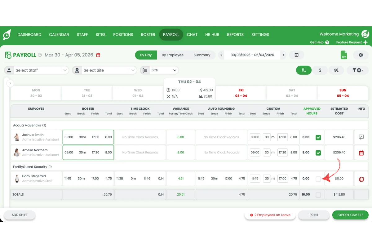 Worked hours adjusted in the payroll screen to reflect the actual hours worked