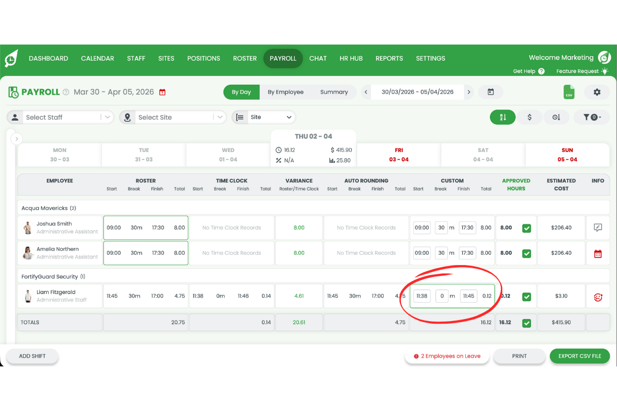 Employees on leave button at the bottom of the RosterElf payroll screen