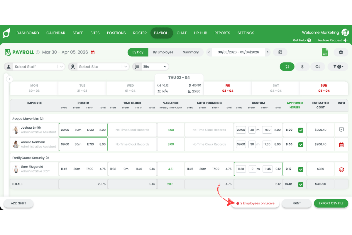 Sick leave hours entered in the Employees on leave section