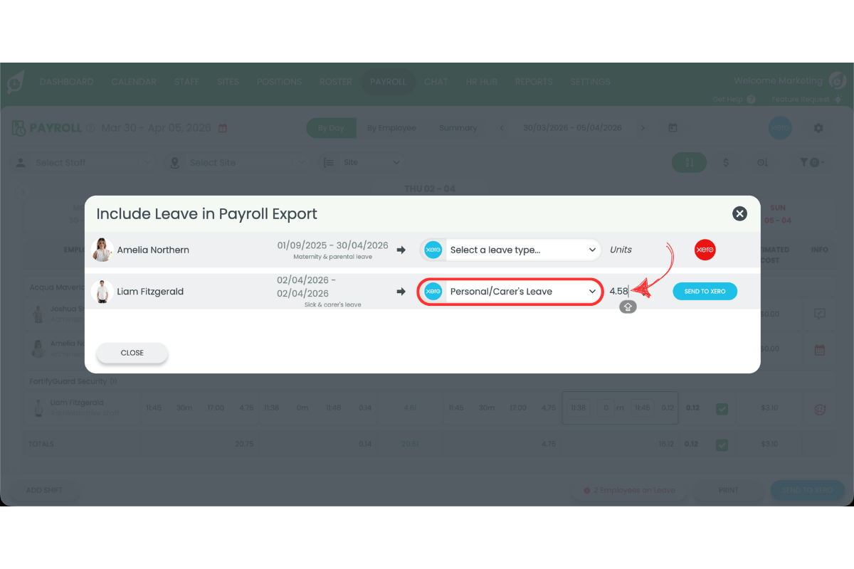 Export to Xero button pressed to send sick leave hours to payroll