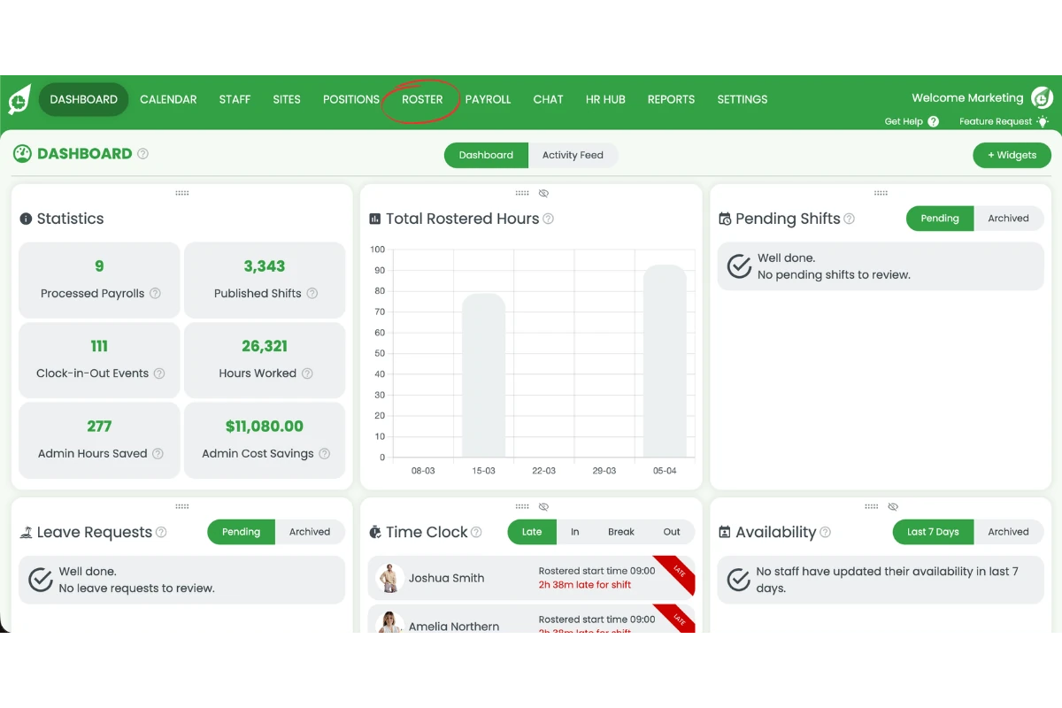 Roster tab selected in the RosterElf left-hand navigation menu