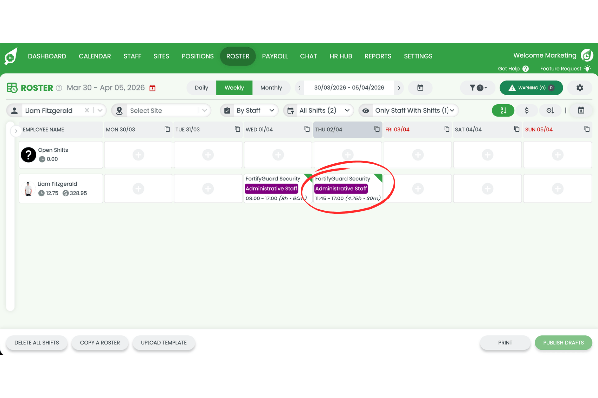 Selecting an employee shift on the RosterElf roster