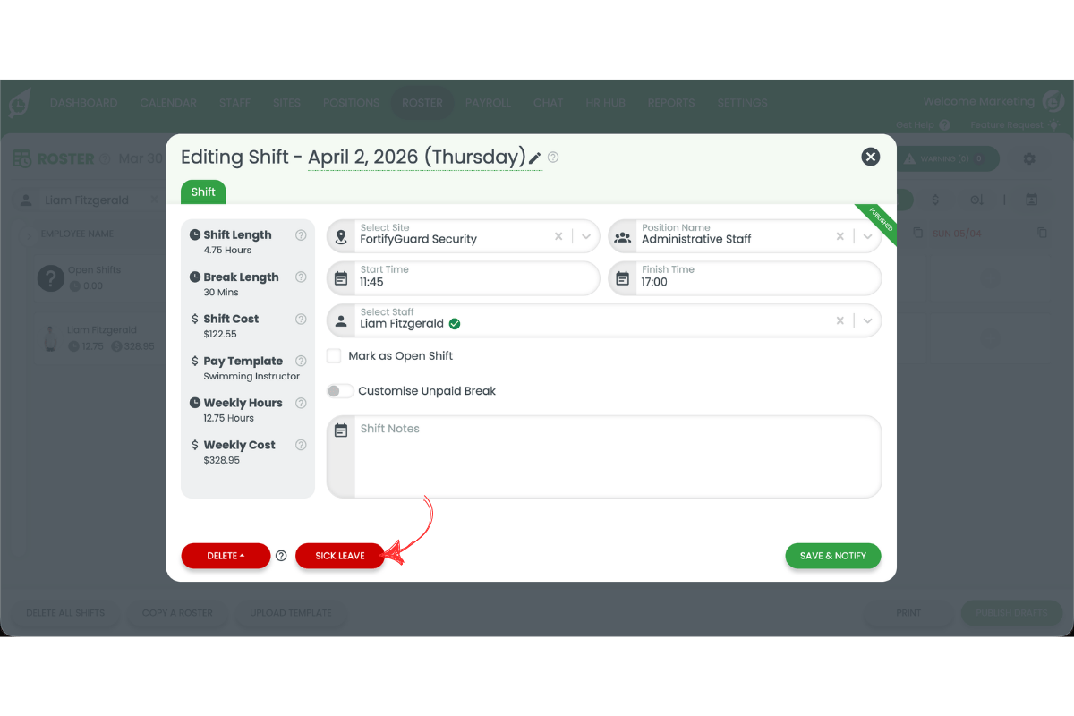 Mark as sick option selected for the employee shift