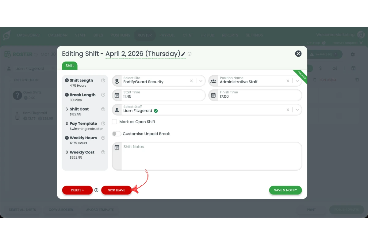 Mark as sick option selected for the employee shift