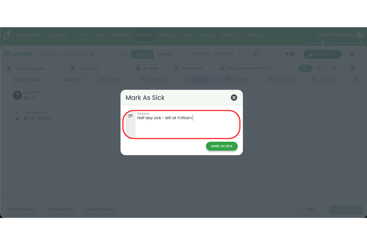 Text field showing a reason entered for the sick leave