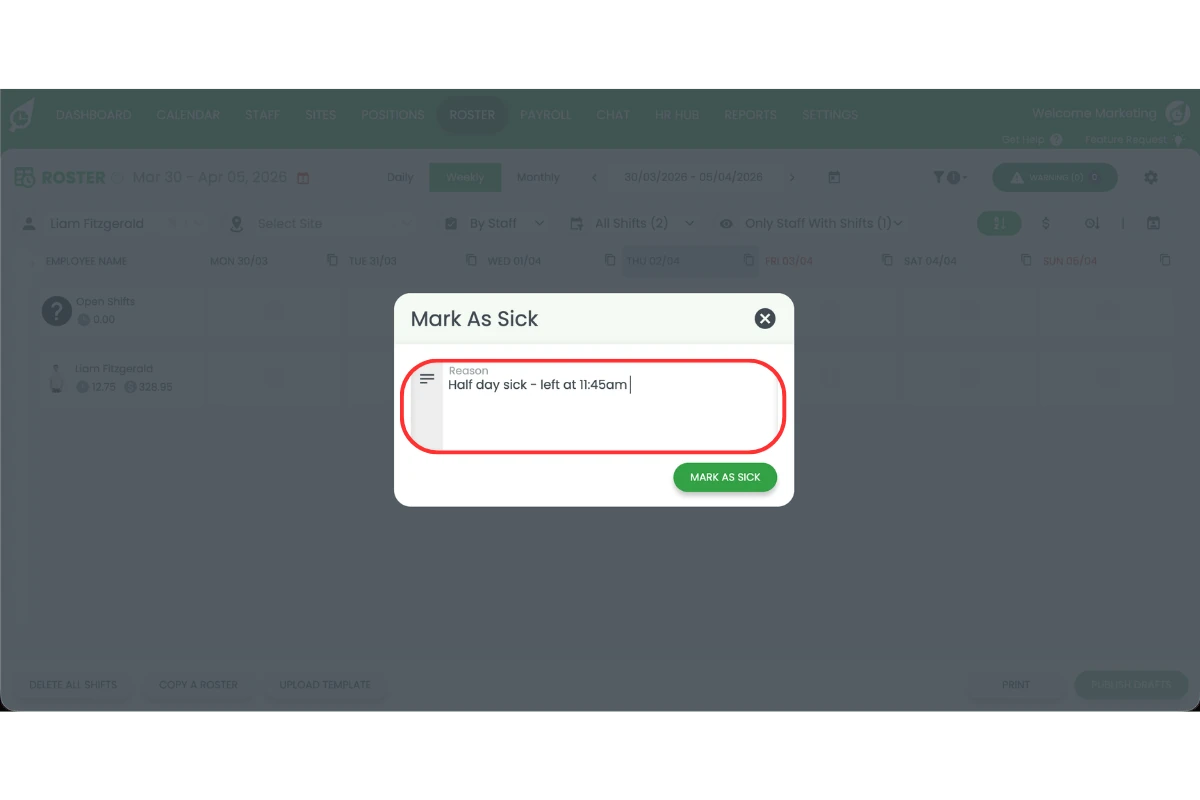 Text field showing a reason entered for the sick leave