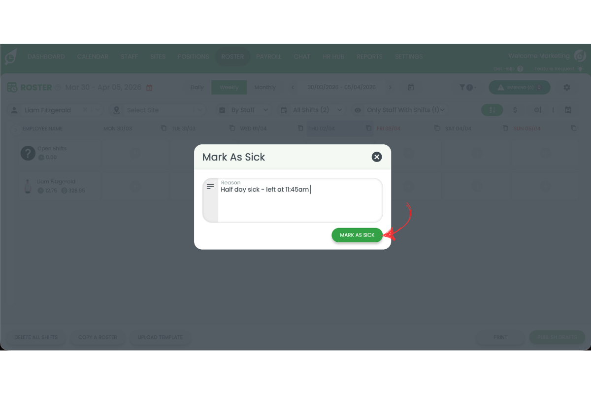 Mark as sick button pressed to confirm the sick leave