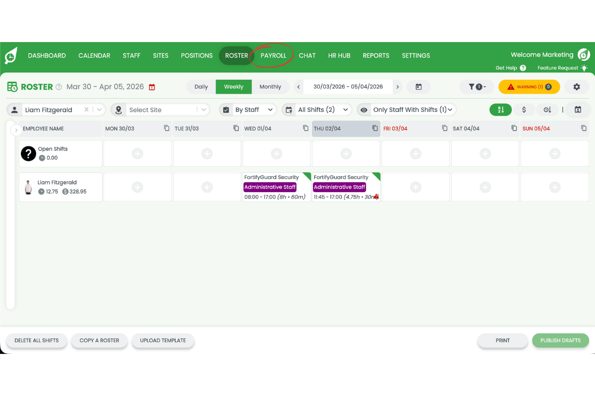 Payroll tab open in RosterElf showing the current pay period