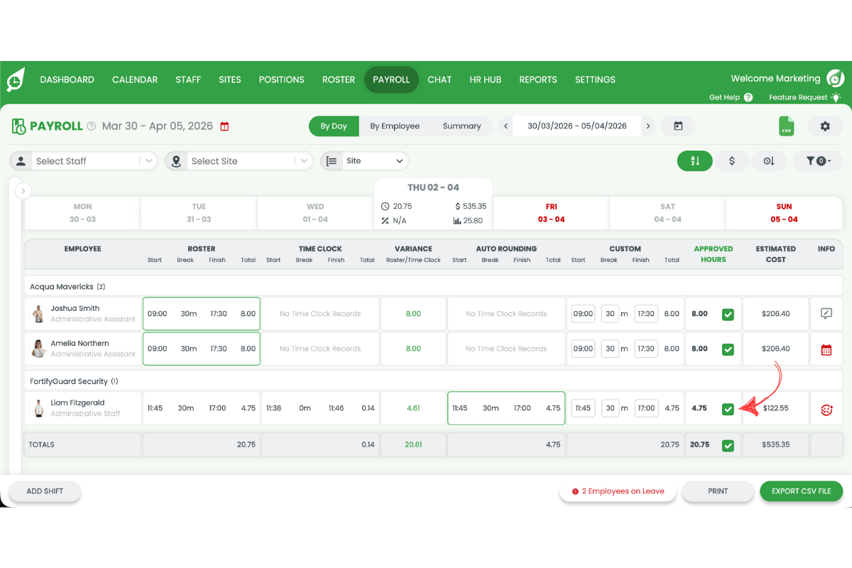 Payroll screen with the sick leave shift highlighted