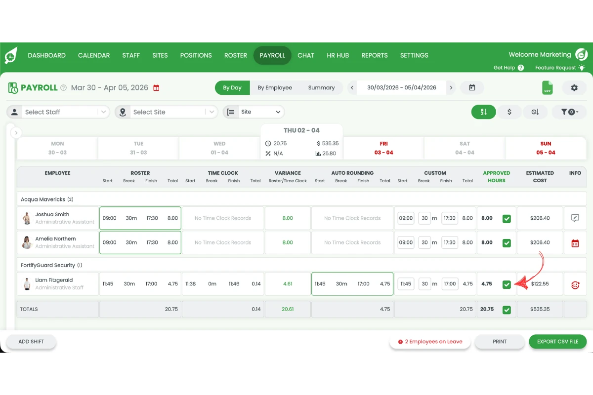 Payroll screen with the sick leave shift highlighted