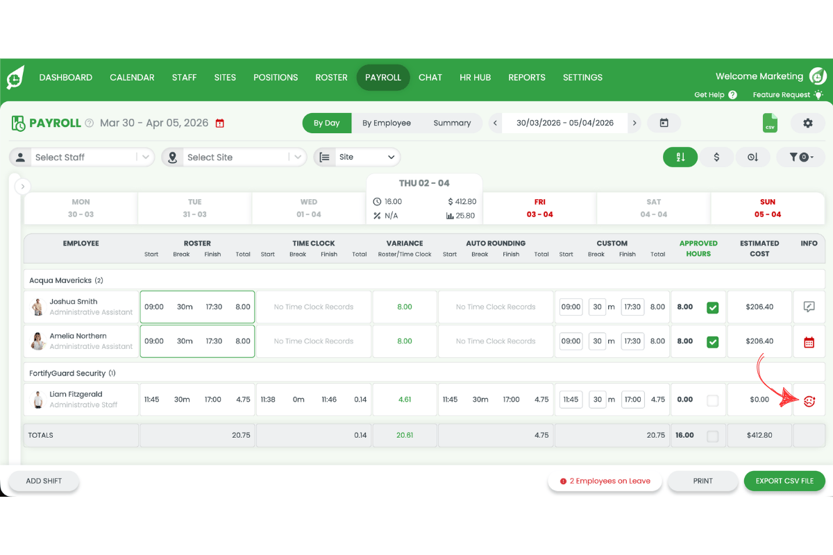 Approving the sick leave shift in the RosterElf payroll screen