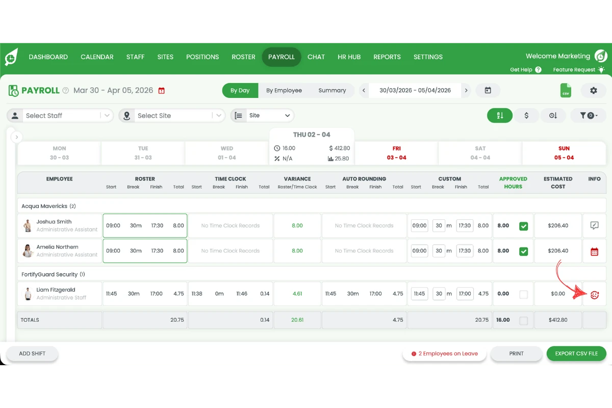 Approving the sick leave shift in the RosterElf payroll screen