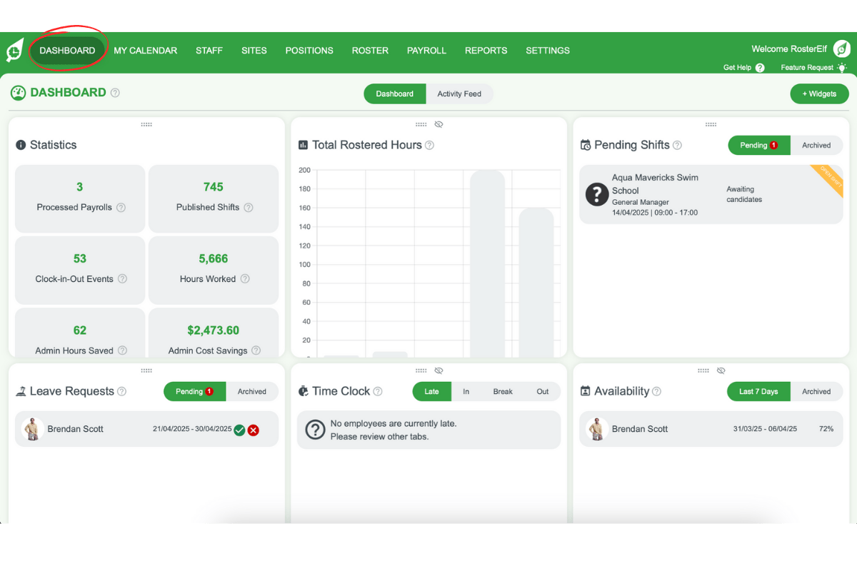 RosterElf dashboard main screen
