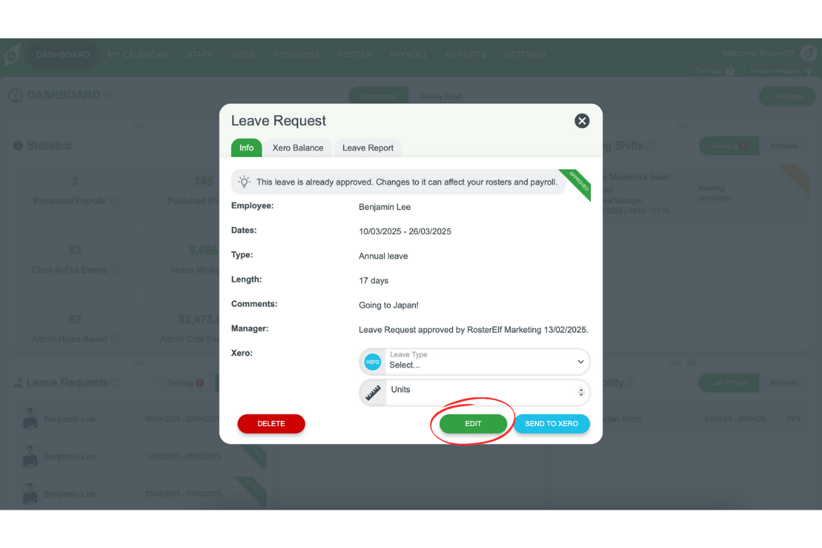 Edit button within leave request