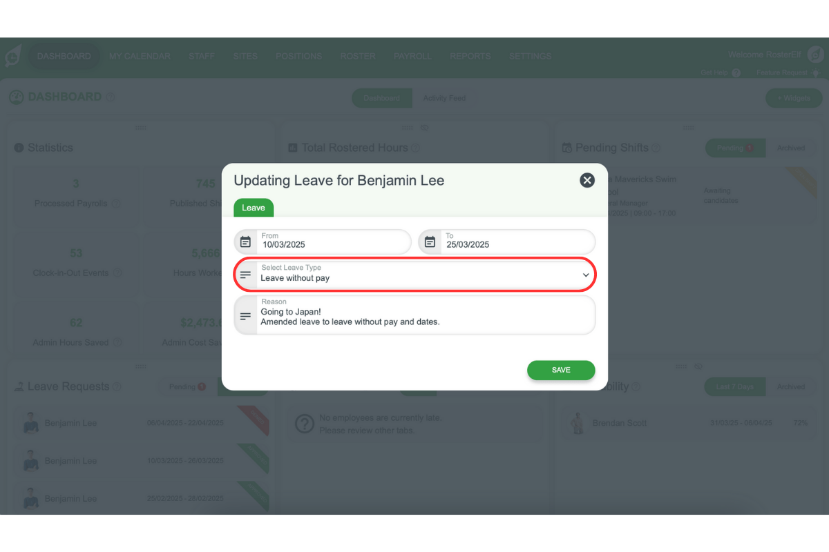 Leave type dropdown selection