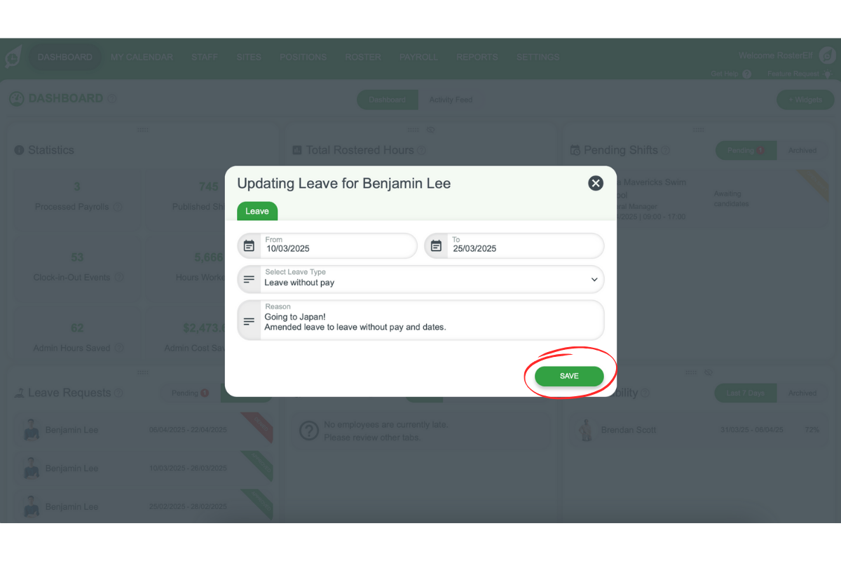 Save button to finalise leave edits