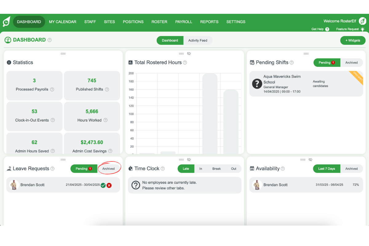 Archived tab in the leave widget