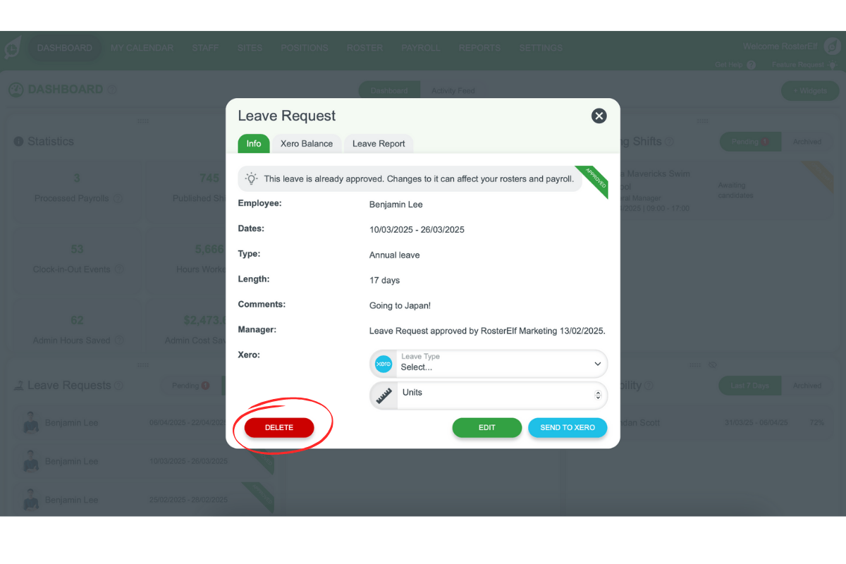 Delete button for leave request