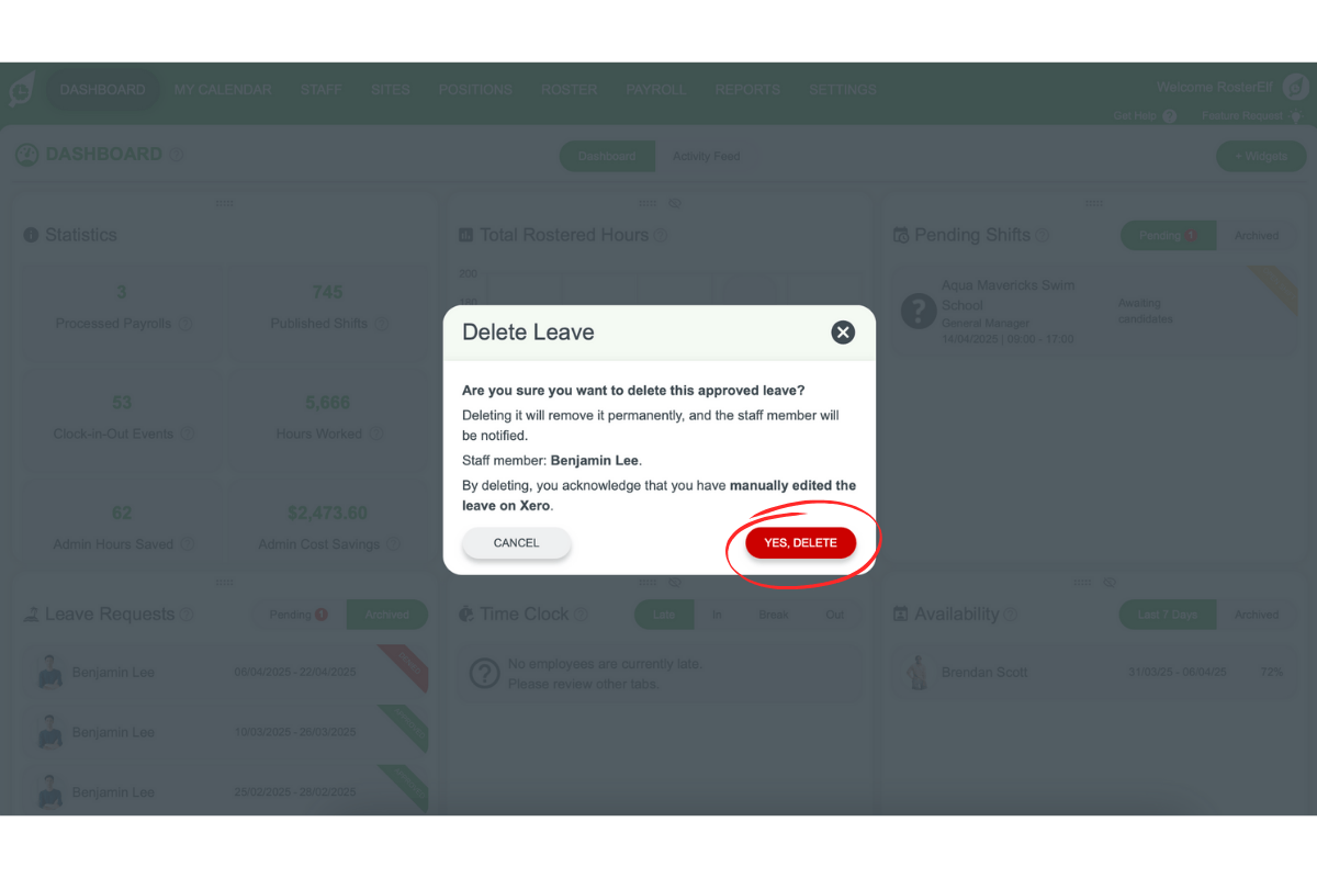 Confirmation prompt to delete leave request