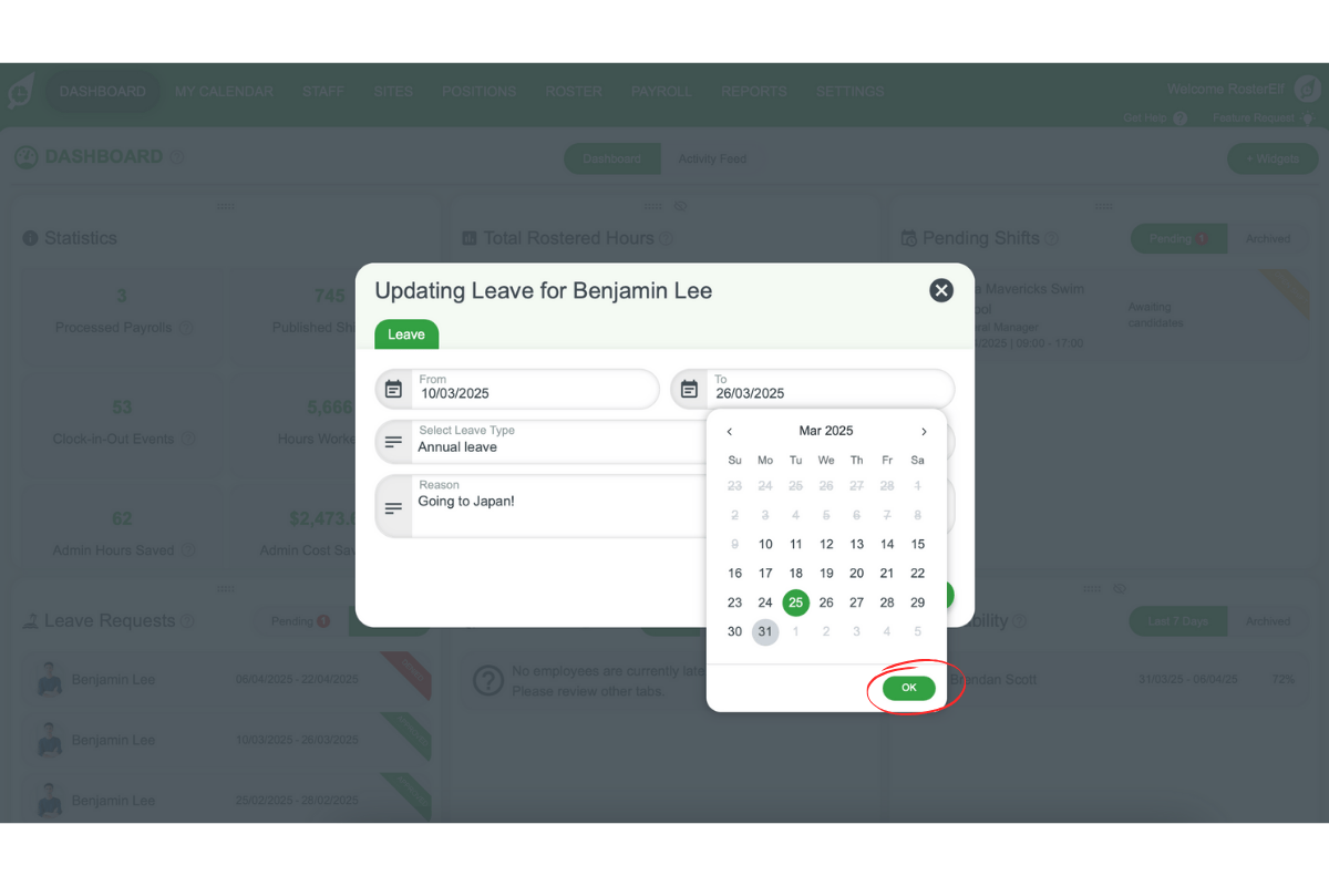 Date selection for archived leave request