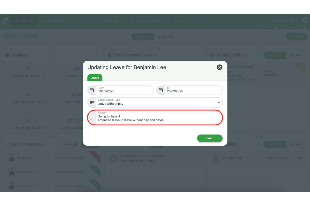 Comment field for editing leave details