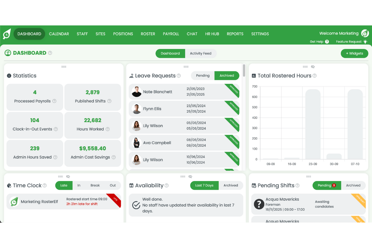 RosterElf web app home screen