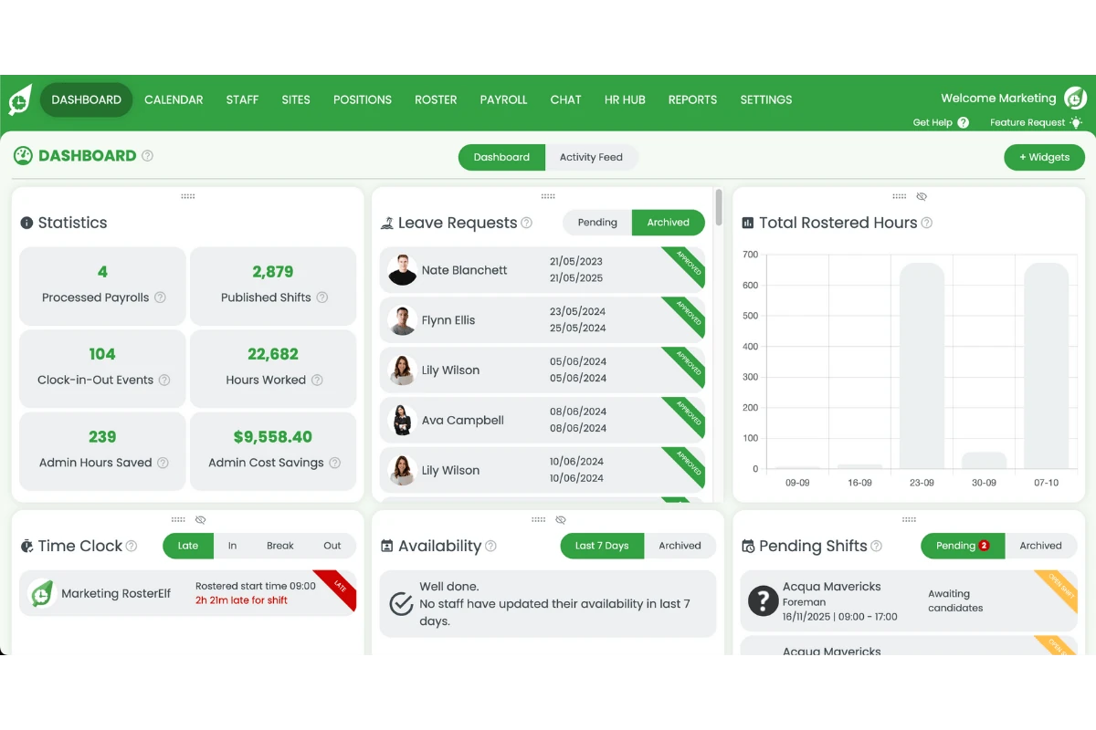 RosterElf web app home screen