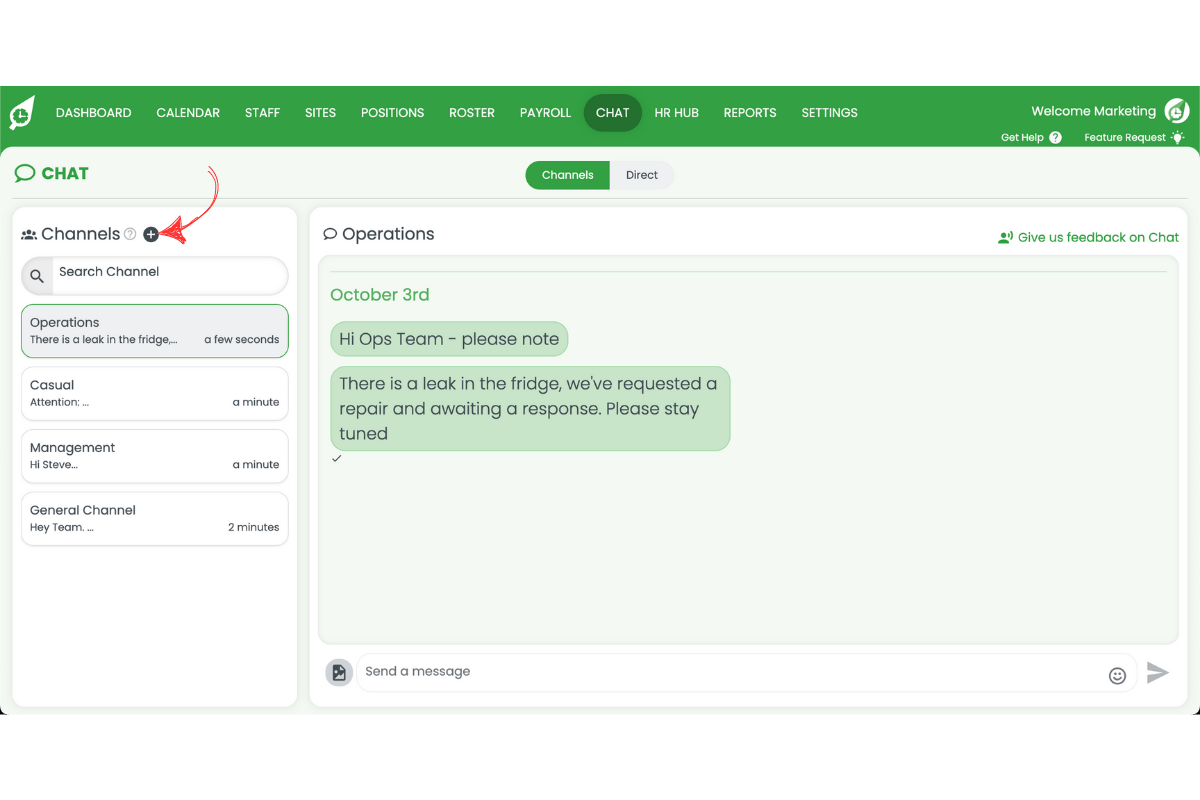 Plus icon to create new channel