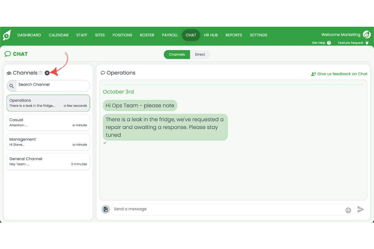 Plus icon to create new channel