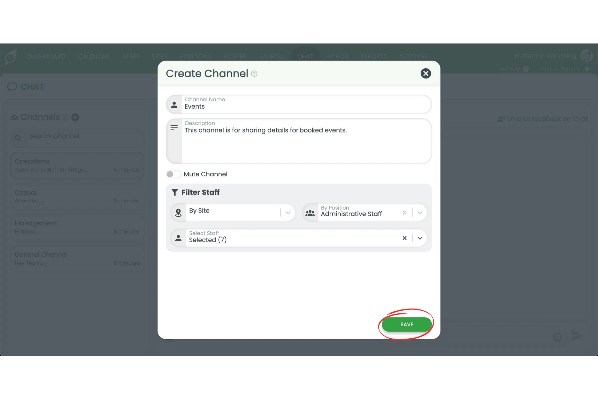 Save button to create channel