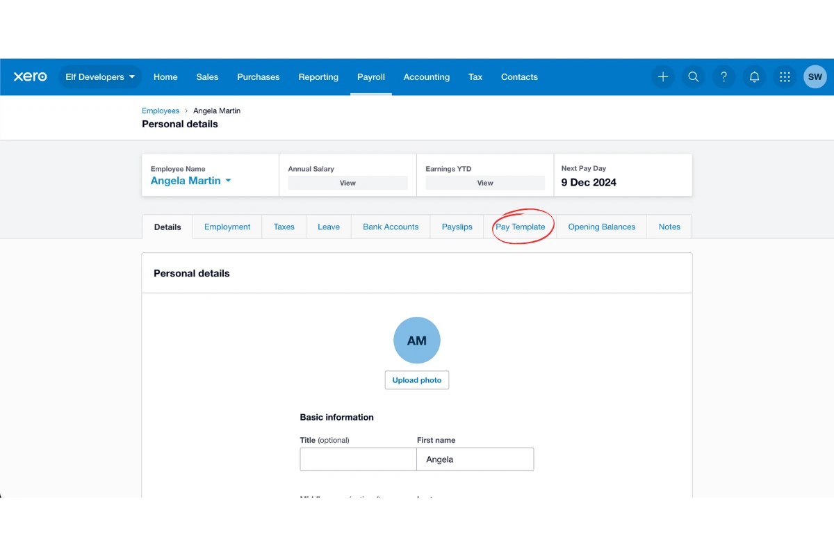 Xero employee profile with the Pay Template tab open