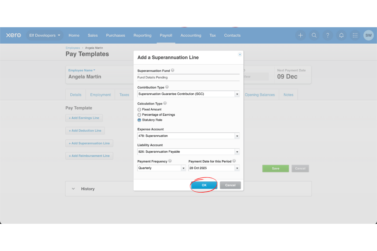 Xero integration screen in RosterElf