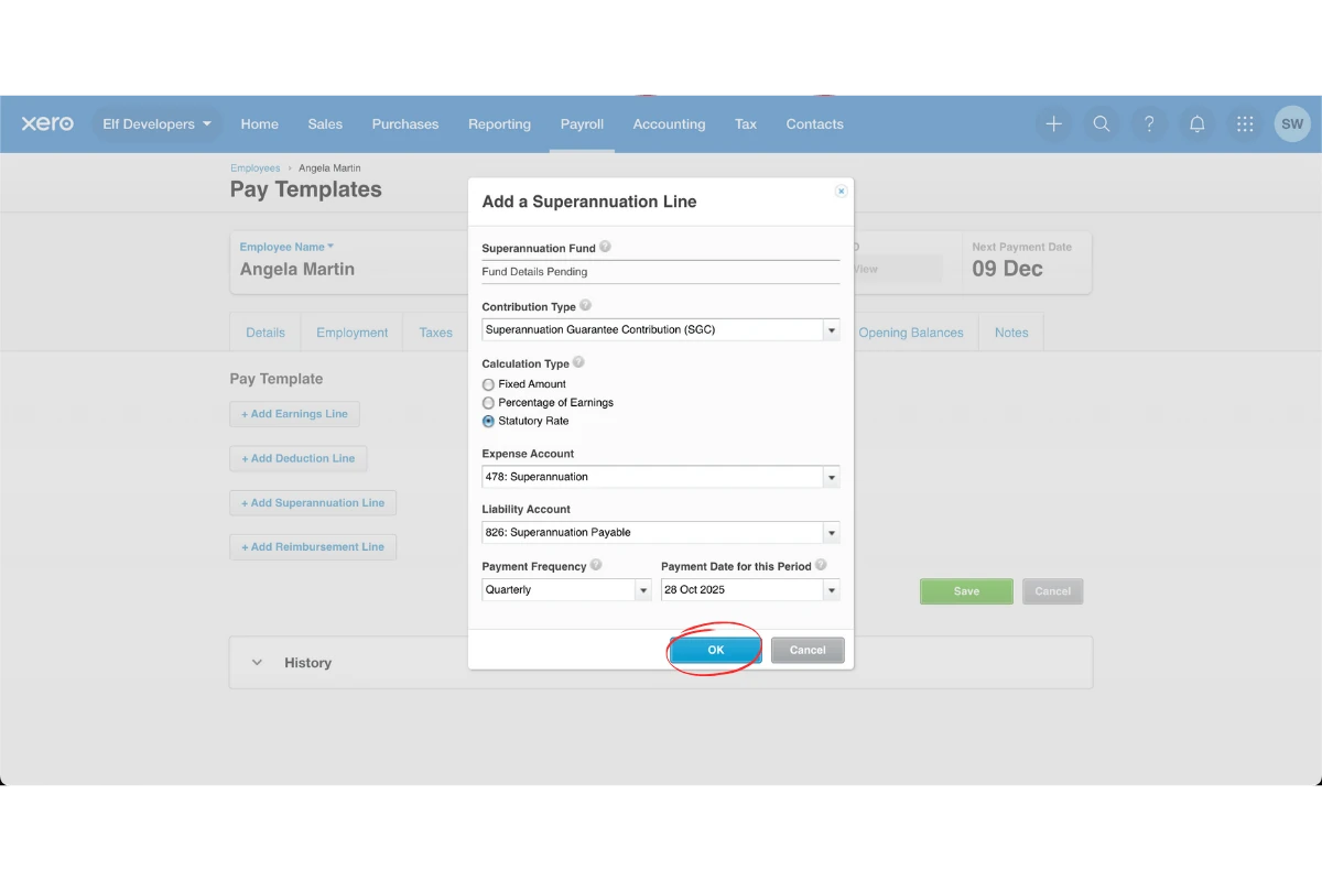Xero superannuation line dialog with the Ok button