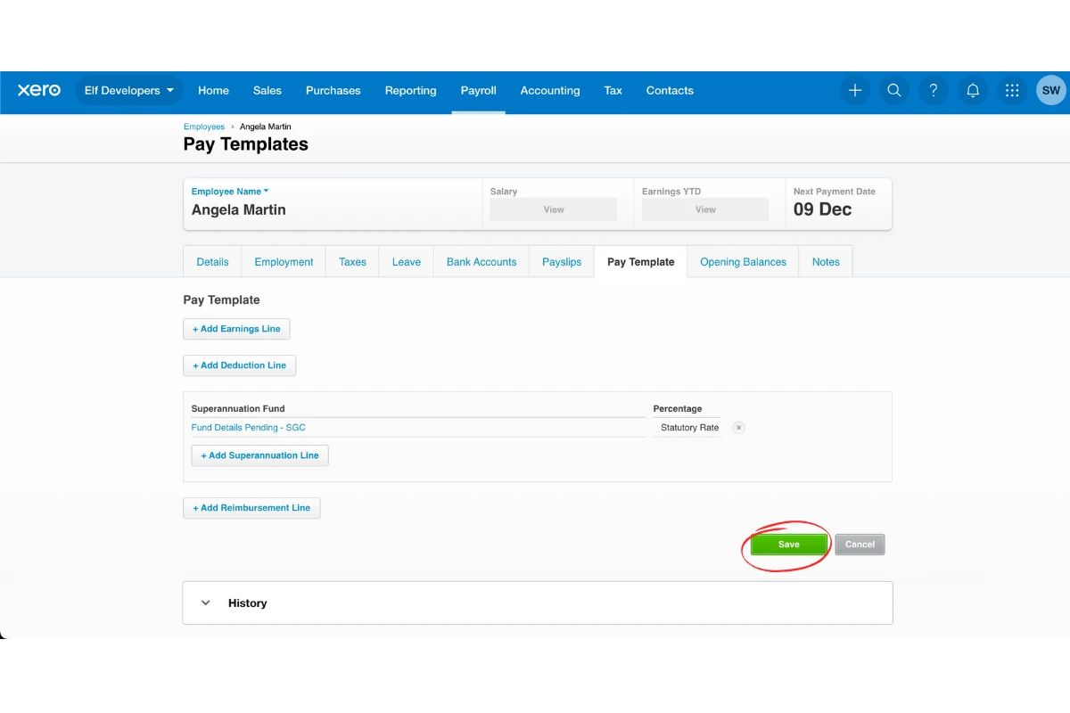 Xero pay template with the Save button