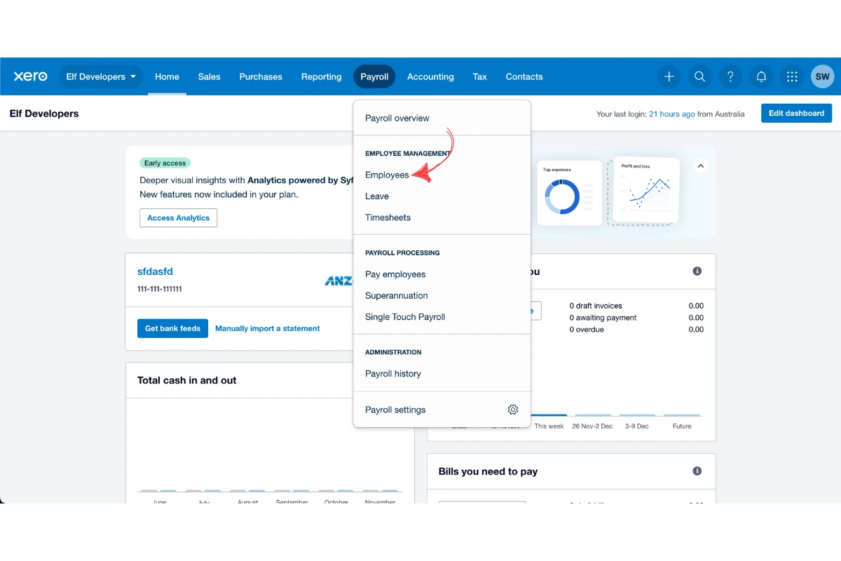 Xero Payroll menu with the Employees option