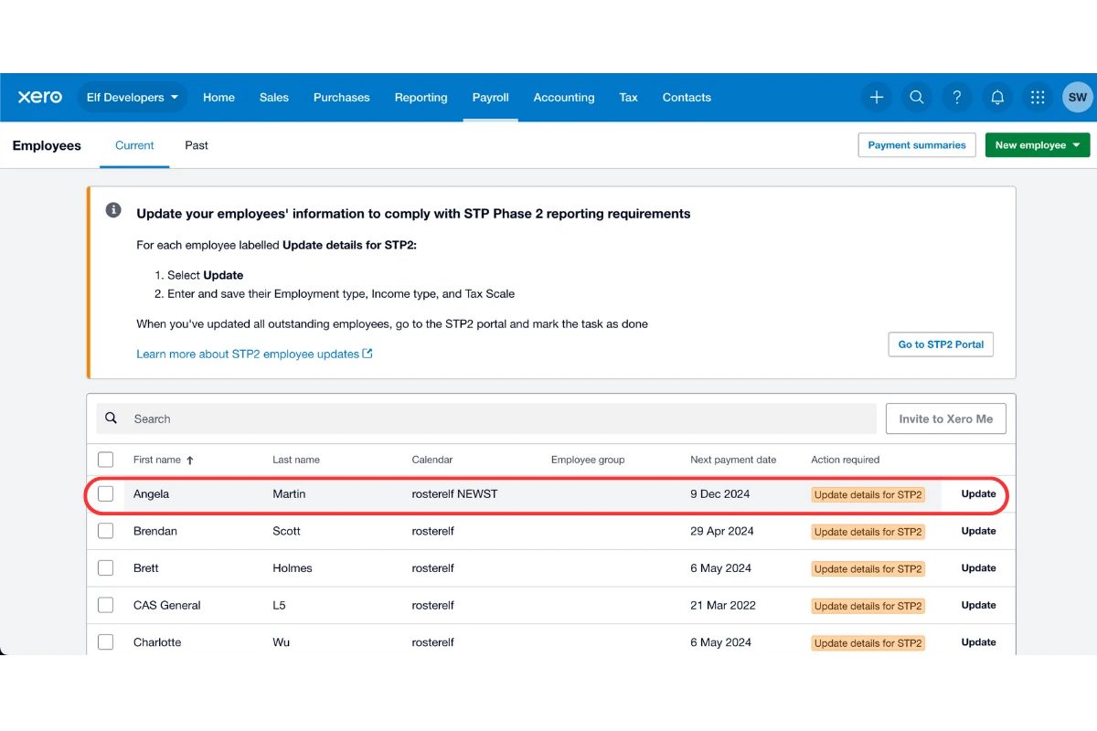 Xero payroll employee list with an employee selected