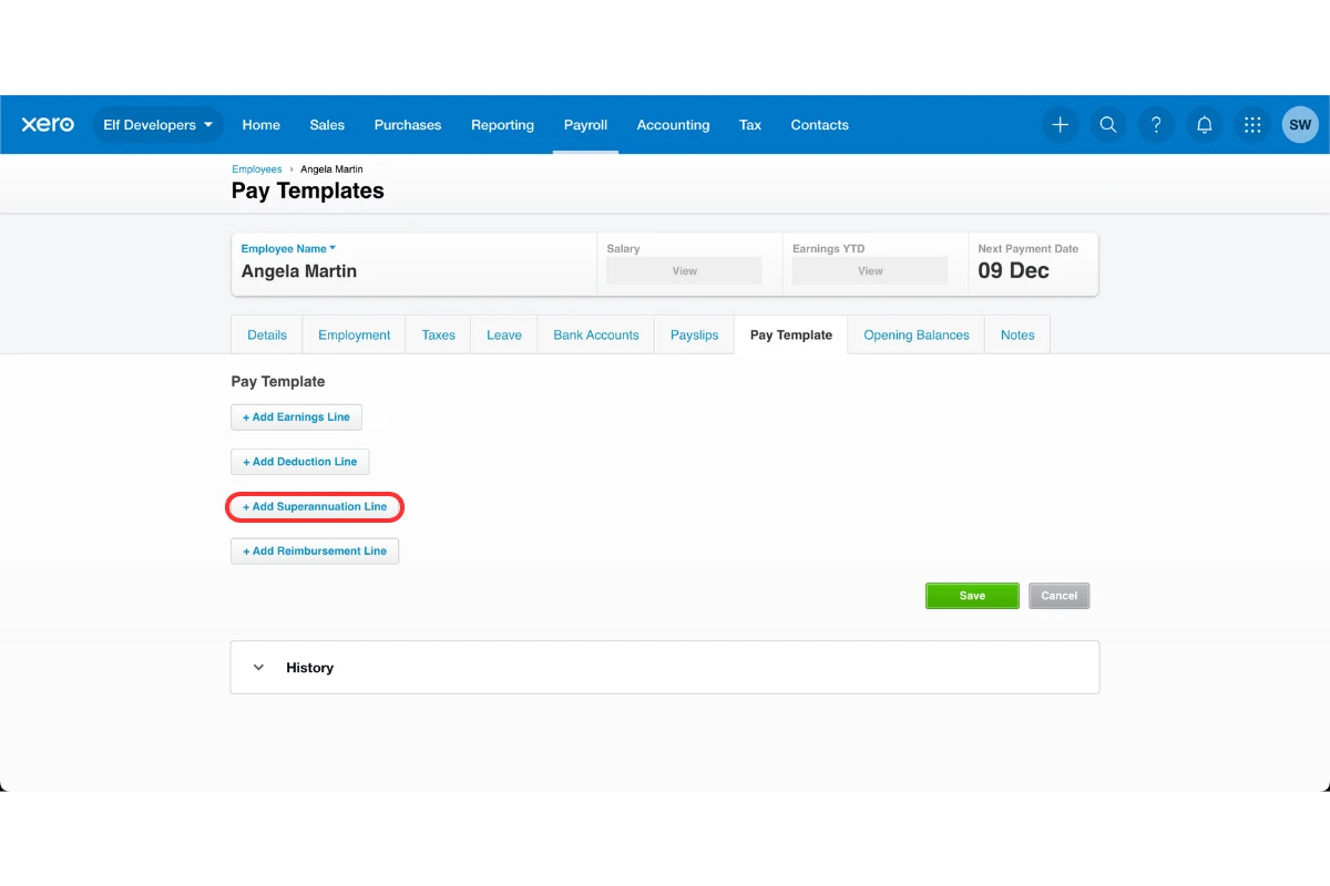 Xero pay template with the Add superannuation line button