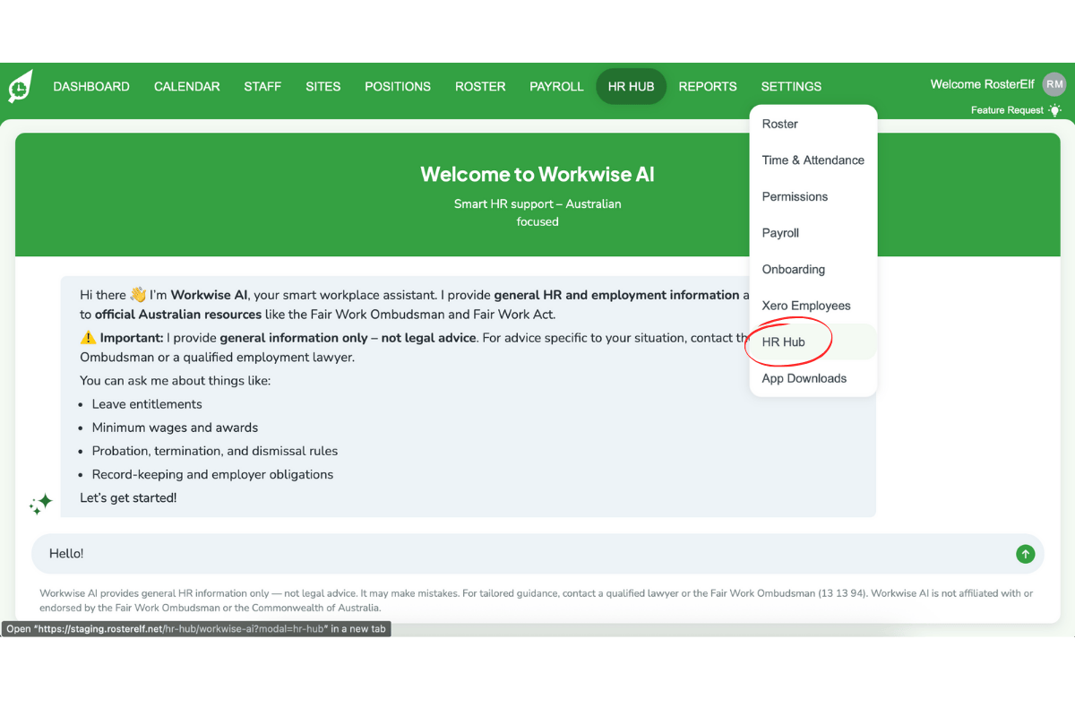 HR Hub settings menu