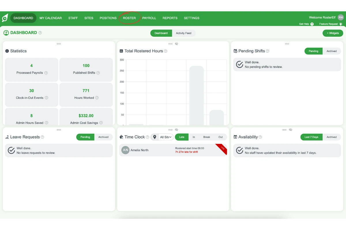 Screenshot showing how to access the Roster tab from the top menu in RosterElf.