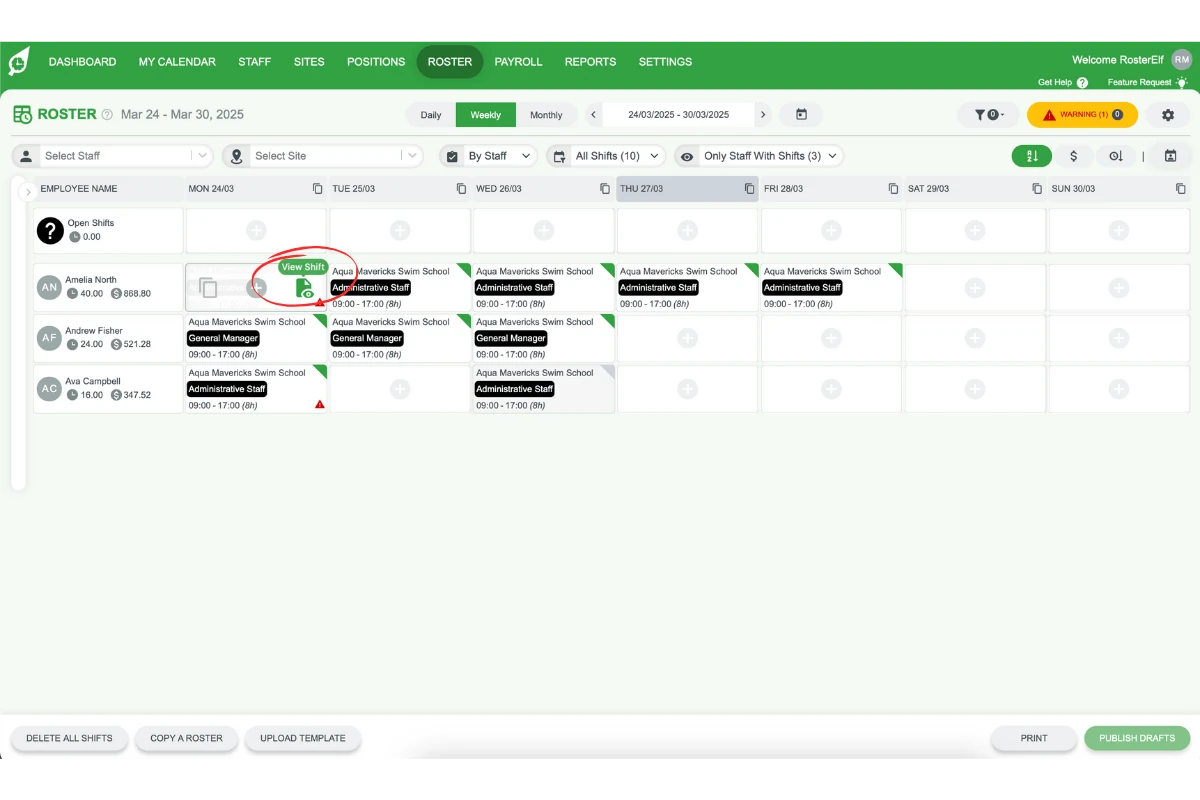 Screenshot illustrating the 'View Shifts' option for a published shift in RosterElf.