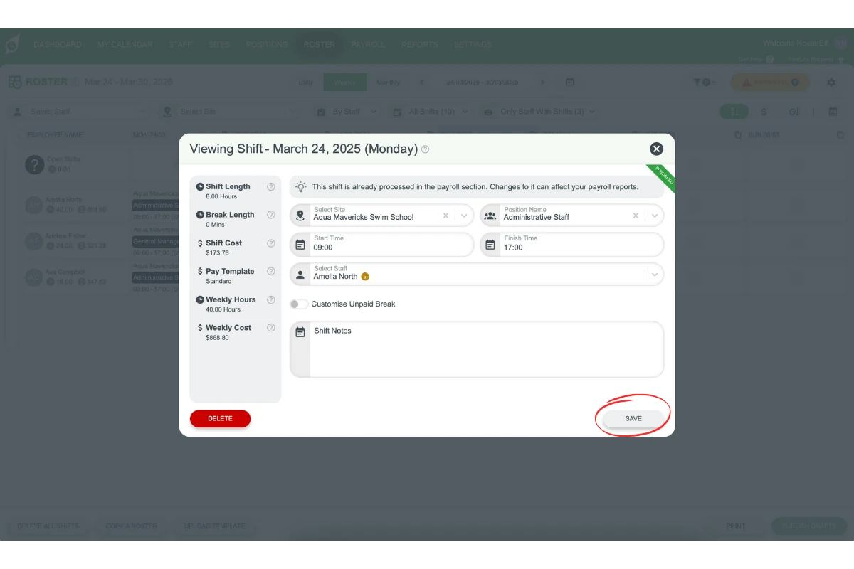 Popup window with editable shift details in RosterElf, showing how to adjust times or roles.