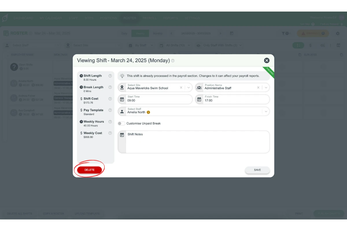 Screenshot highlighting the 'Delete' button to remove a published past shift without clock-in-out data.