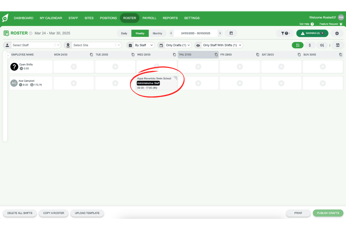 Example of the RosterElf roster view displaying an unpublished draft shift