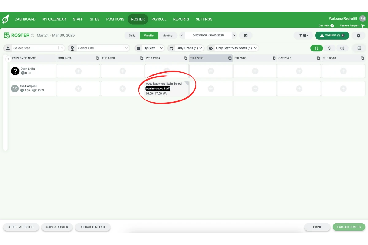 Example of the RosterElf roster view displaying an unpublished draft shift